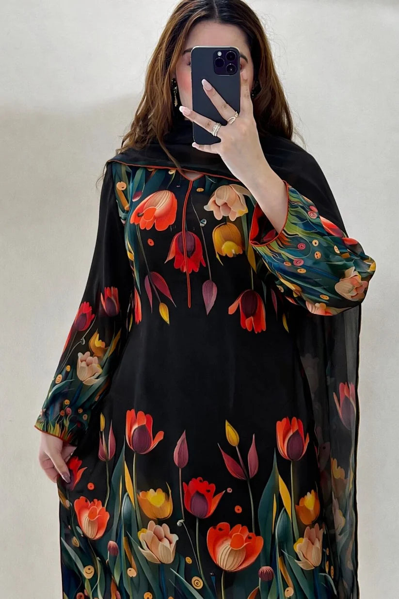 3D Flower Digital Print 3PC Suit